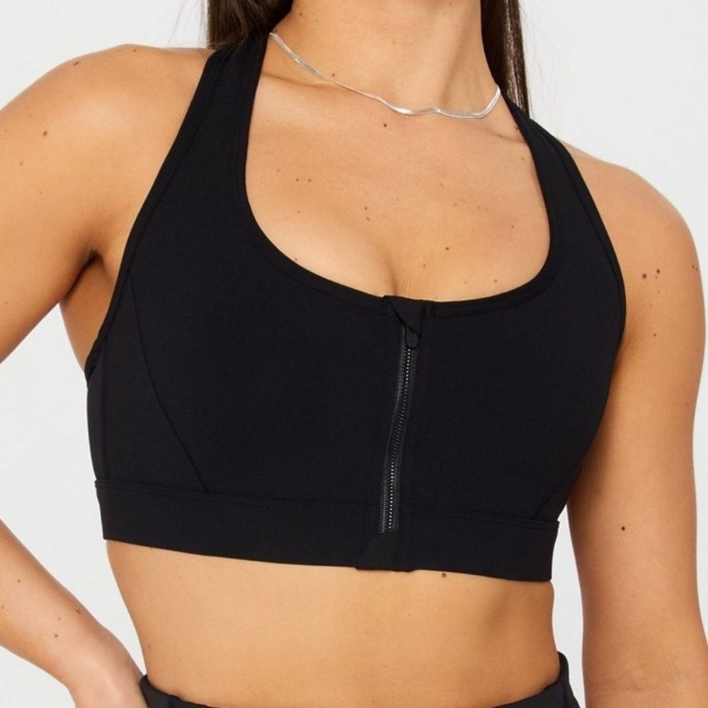 Fabletics Essential Front Zip Medium Impact Sports Bra Sz Xs Black